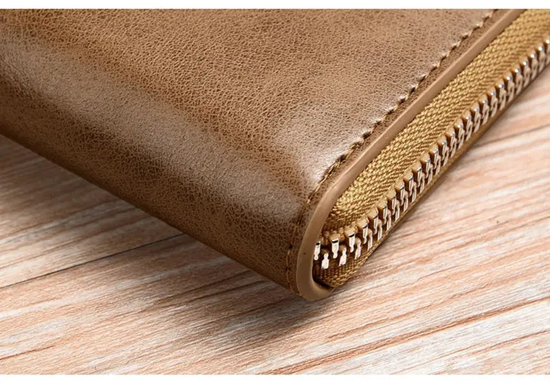 Simples Market men's leather wallet with zipper, RFID protection, brown leather.