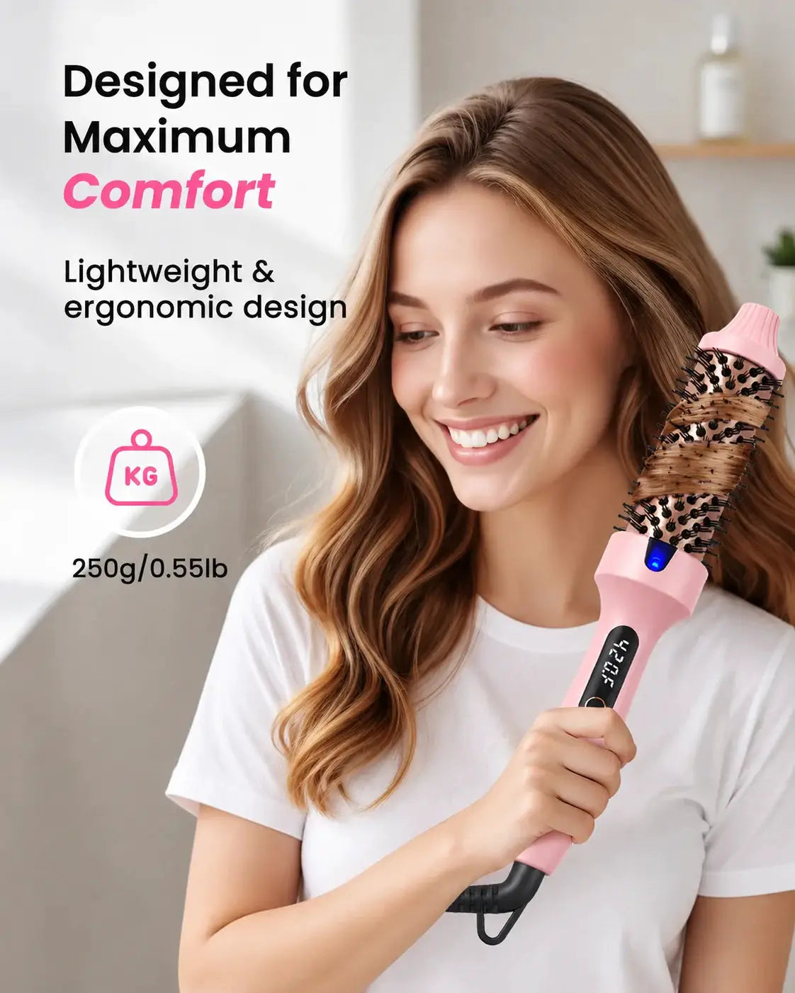 Simples Market pink 1.5 inch heated round brush for blowout look with digital display