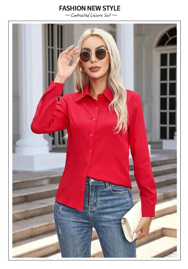 Women solid red chiffon button-down blouse with long sleeves and turn-down collar, casual chic.
