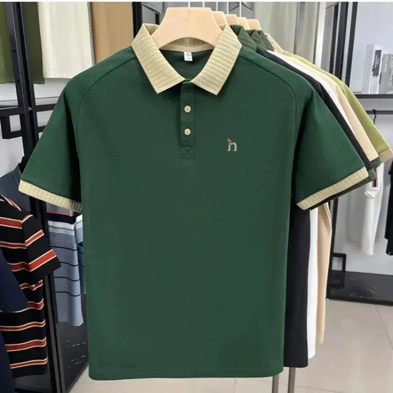 Men's green polo shirt with beige ribbed collar and cuffs, three-button placket, small chest embroidery.