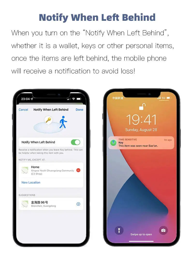 Bluetooth mini tracking device by Simples Market for Apple Find My; two iPhones display Notify When Left Behind alerts.