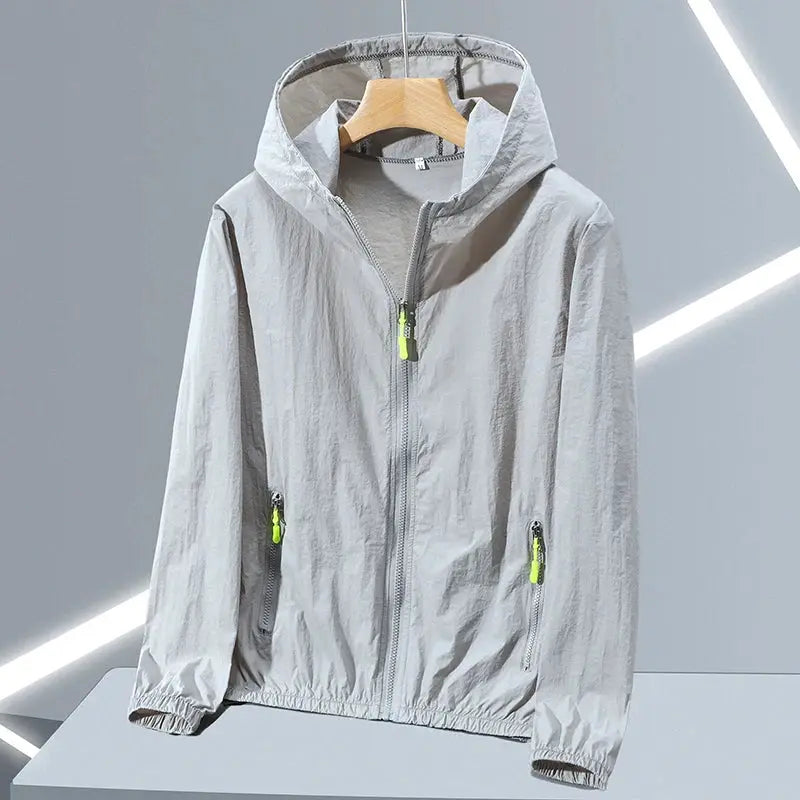 Summer thin ice silk sun protection hooded jacket in light gray with neon-green zipper pulls from Simples Market