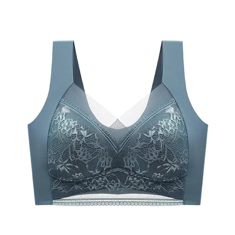 FallSweet seamless ice silk push-up bra, wireless lace bralette in blue-gray, plus size