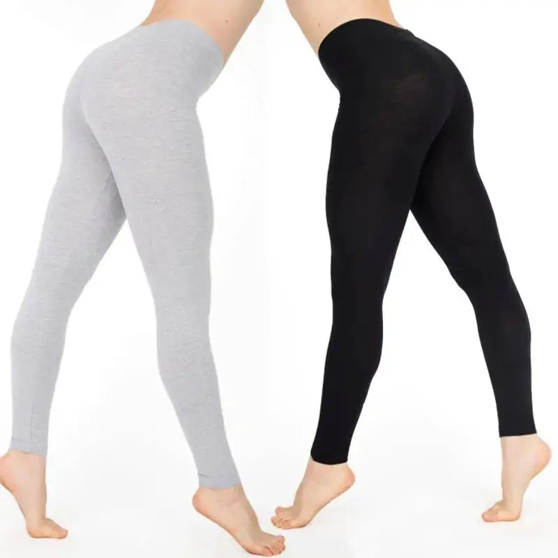 Two pairs of women's elastic waist leggings in gray and black, shiny high-stretch gym pants by Simples Market