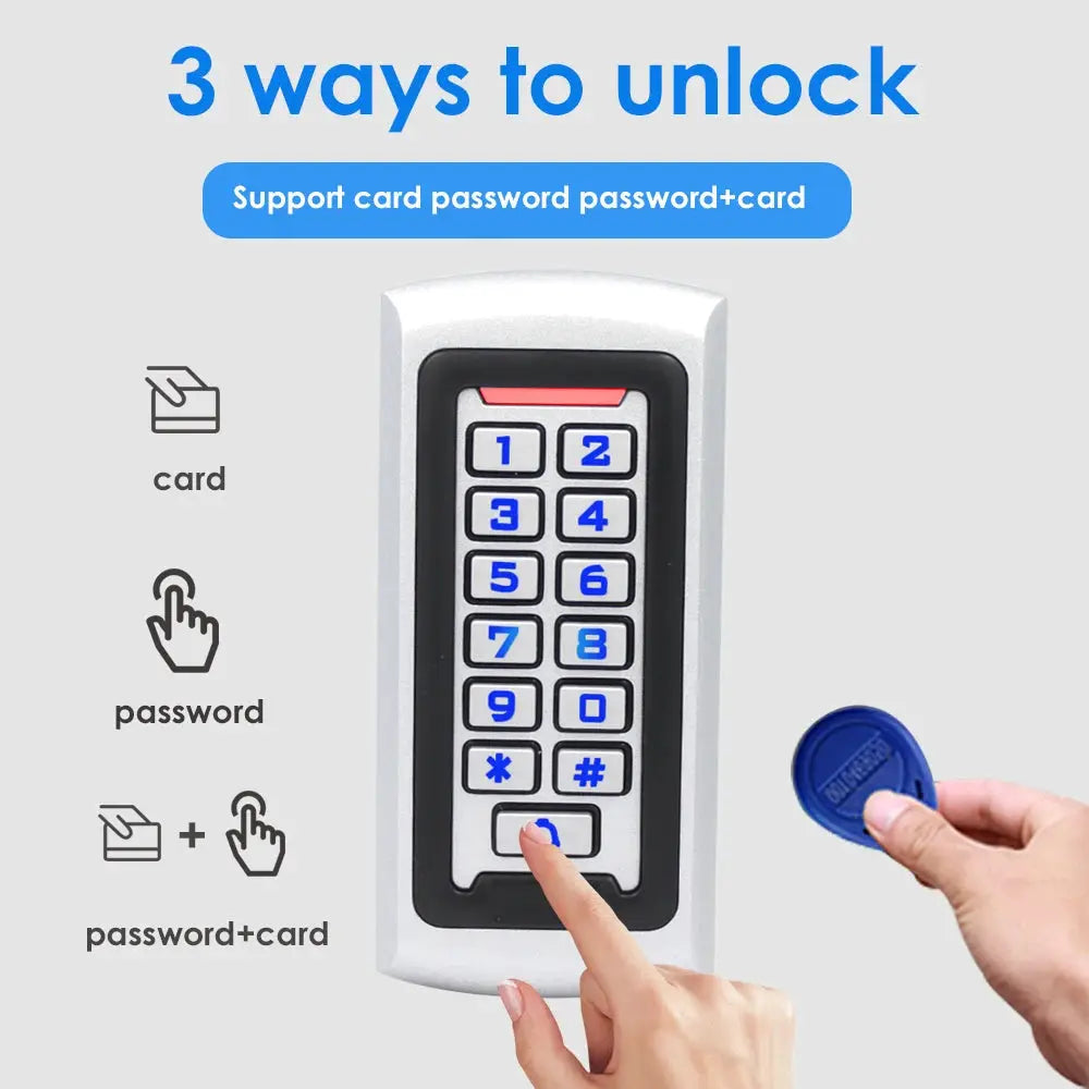 Simples Market blue-backlit metal keypad RFID reader, 125kHz Wiegand access control, standalone 2000 users