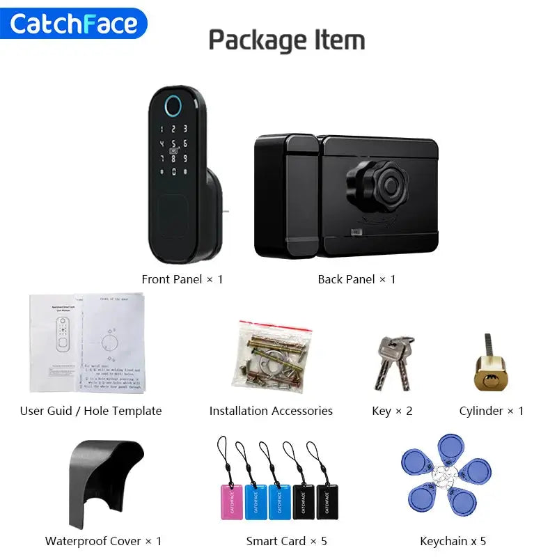 CatchFace R5 PRO black smart door lock package: front/back panels, keys x2, cylinder, install kit, waterproof cover.