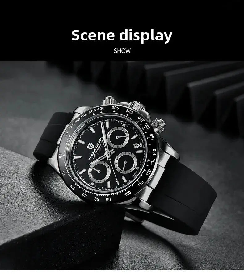 Pagani Design 40mm V2 men's quartz chronograph watch with black dial, silicone strap, stainless steel case