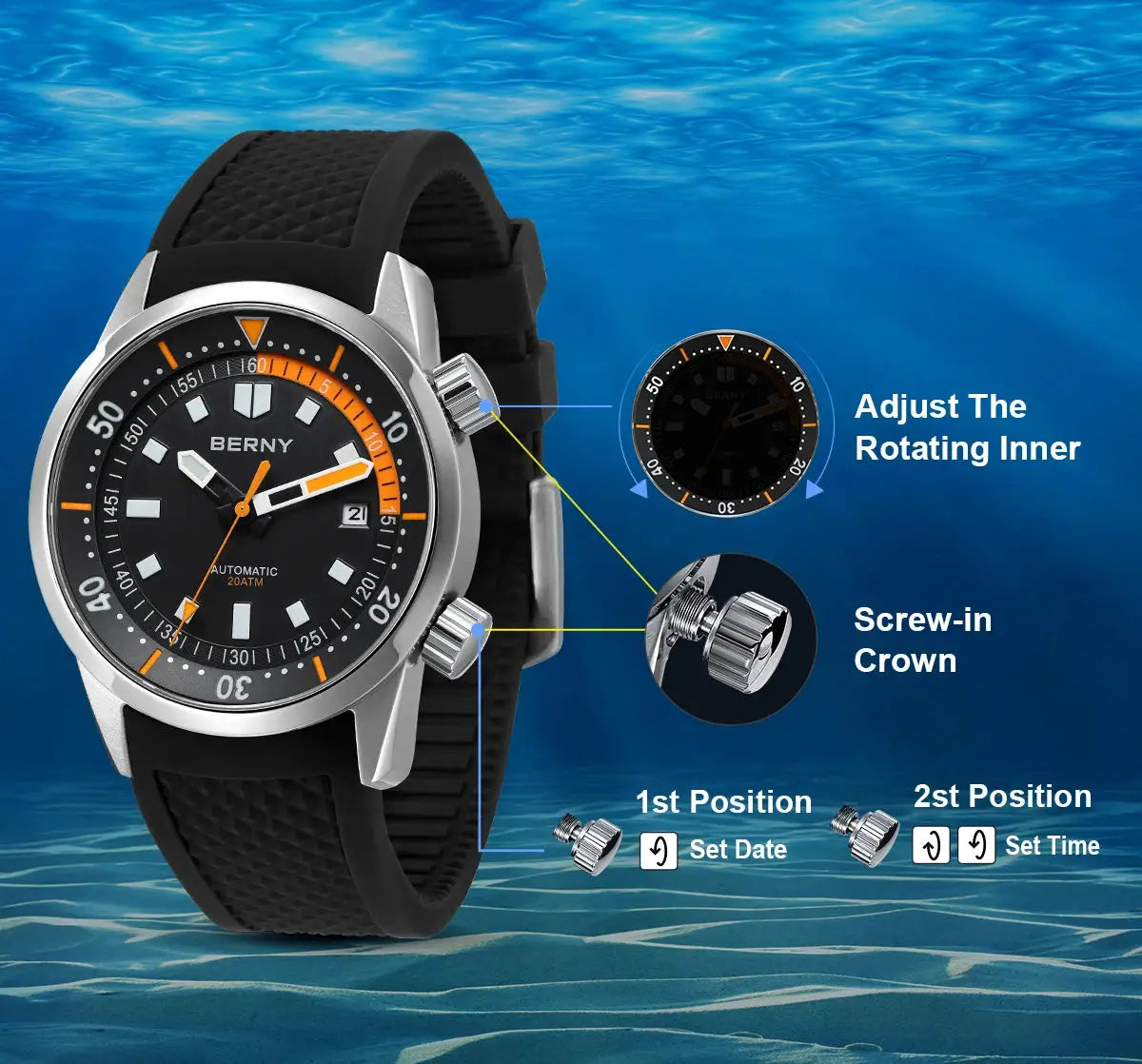 BERNY men's dive watch, automatic, 200M water resistant, black rubber strap