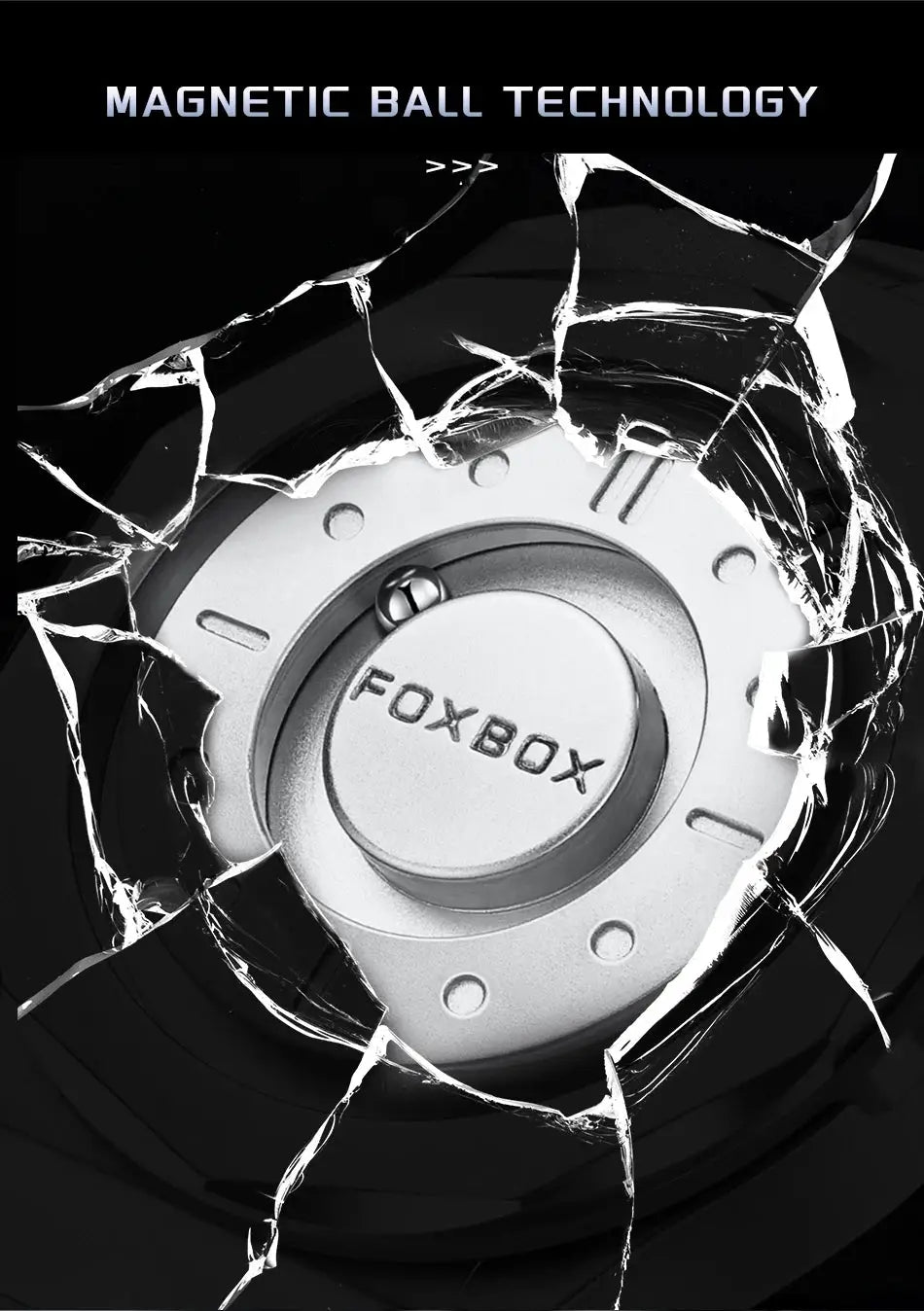 FOXBOX men's stainless steel quartz watch back case with shattered glass surround