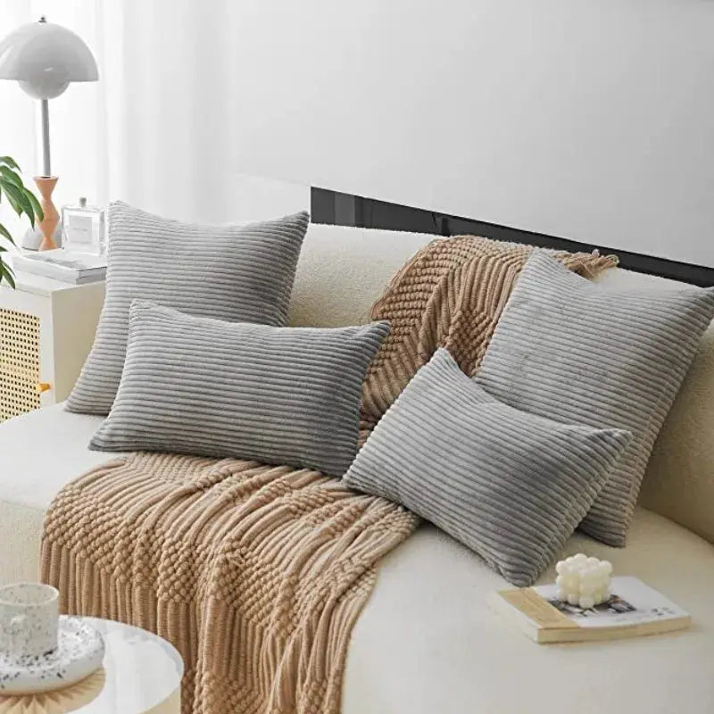 Simples Market gray striped corduroy pillow covers; set of 4 for couch and living room decor