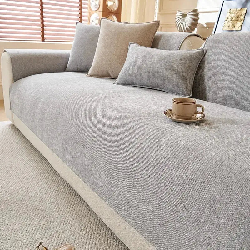 Minimalist twill chenille sofa cover in light gray, anti-slip couch slipcover