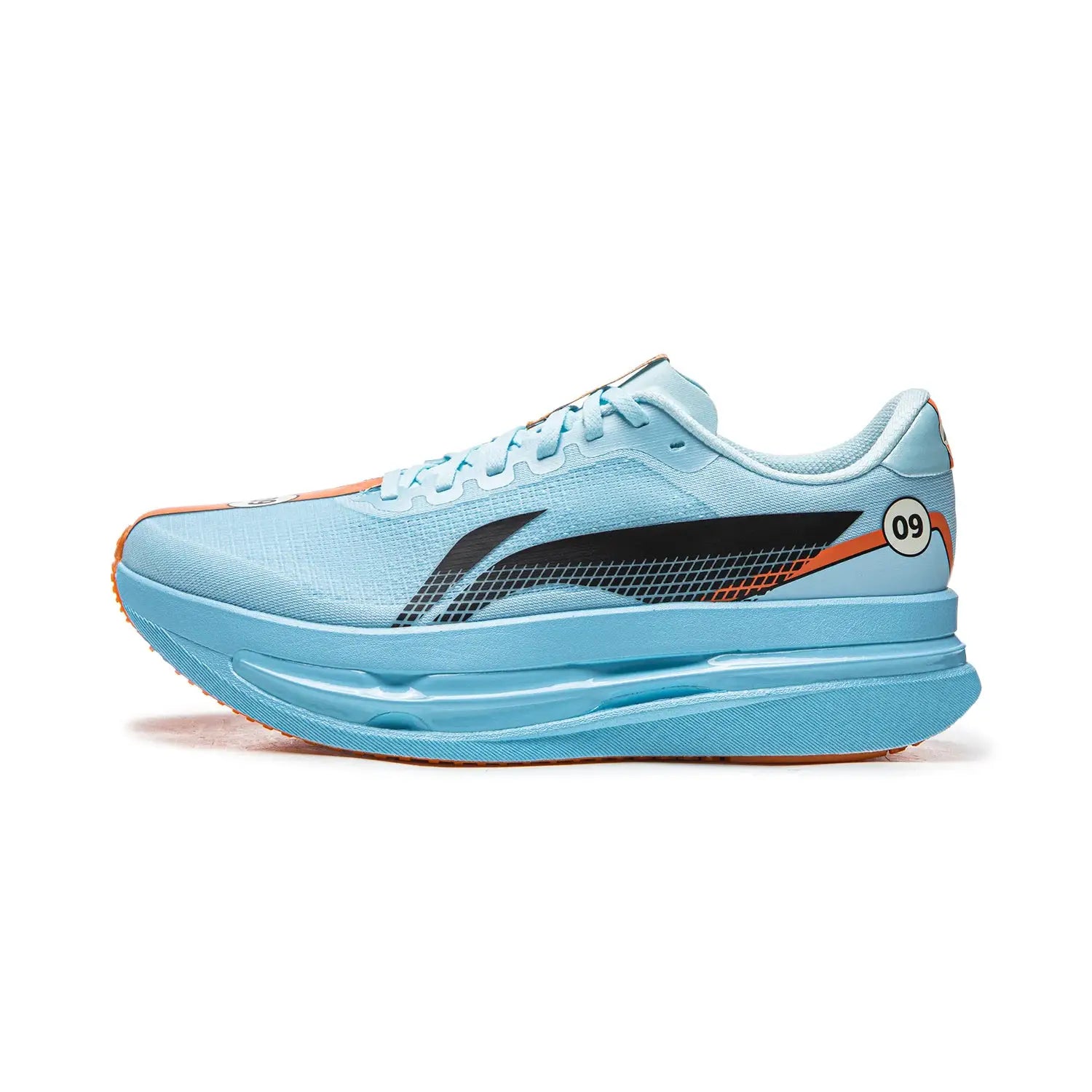 Li-Ning Red Hare 9 Ultra Racing running shoe, light blue mesh upper with black side stripe and orange accents.
