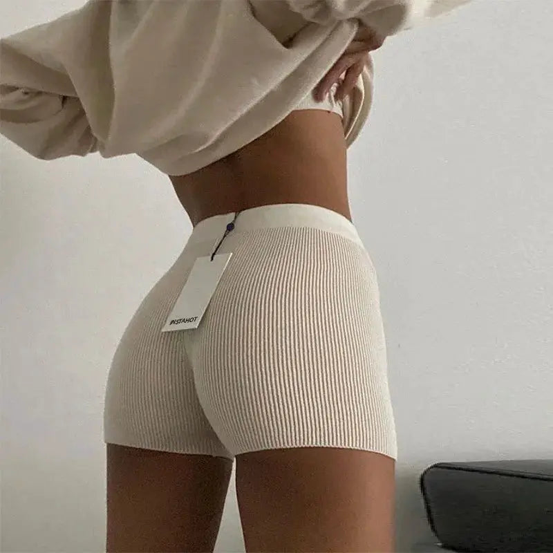 Beige ribbed knitted shorts for women, high-waist casual yoga streetwear with tag