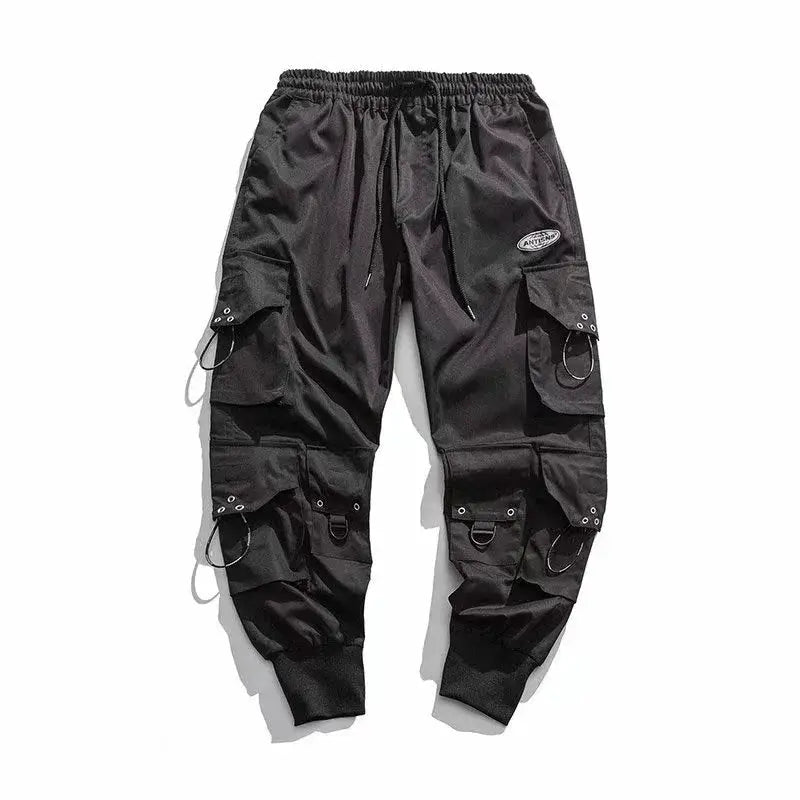 Black men's cargo pants with multiple pockets, drawstring waist, straight leg, quick-dry ice silk fabric.