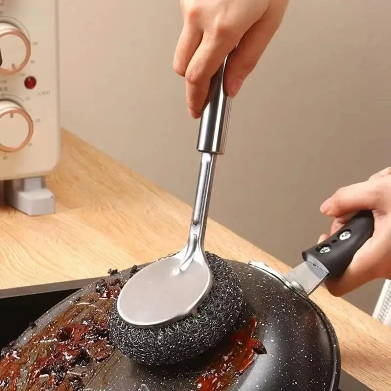 Stainless steel pot brush with long handle and steel-wool ball for scrubbing pots, Simples Market