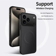Simples Market carbon-fiber MagSafe leather case for iPhone 17–14 Pro Max, black, shown on two phones