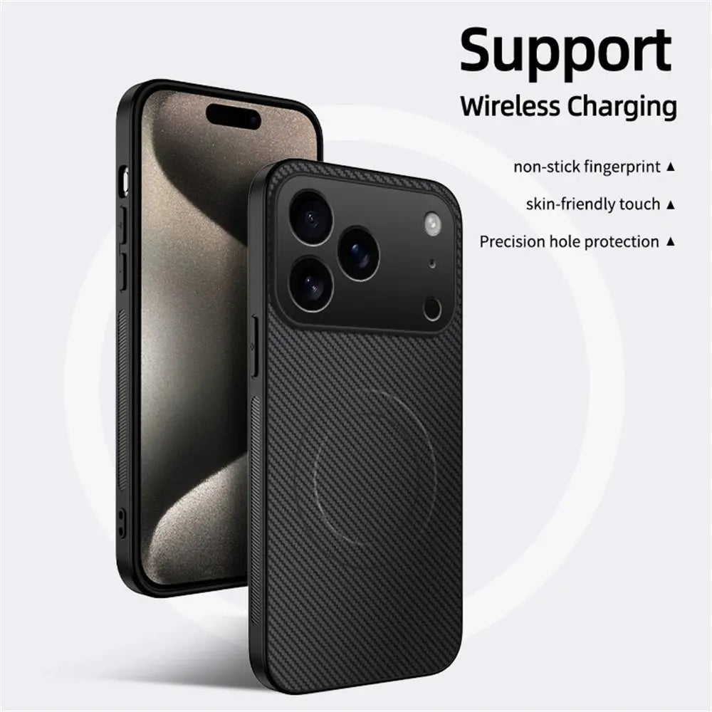 Simples Market carbon-fiber MagSafe leather case for iPhone 17–14 Pro Max, black, shown on two phones
