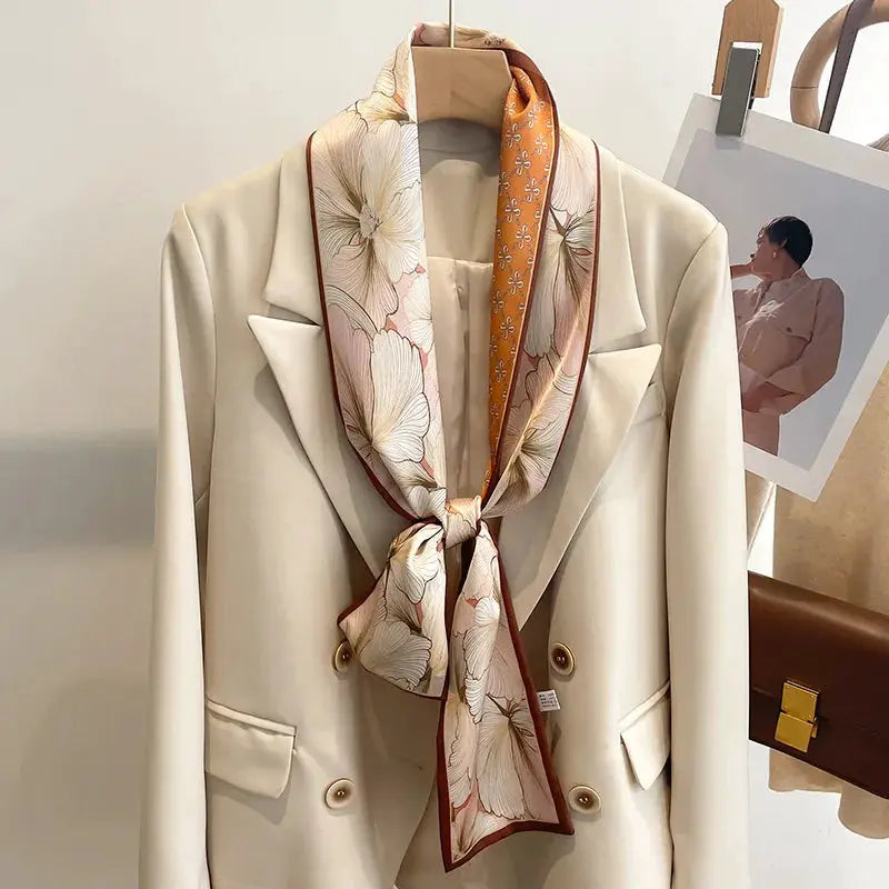 LuxeSilk Silk Feel Printed Design Scarf Versatile Long Narrow Silk Shawl For Fashionable Styles
