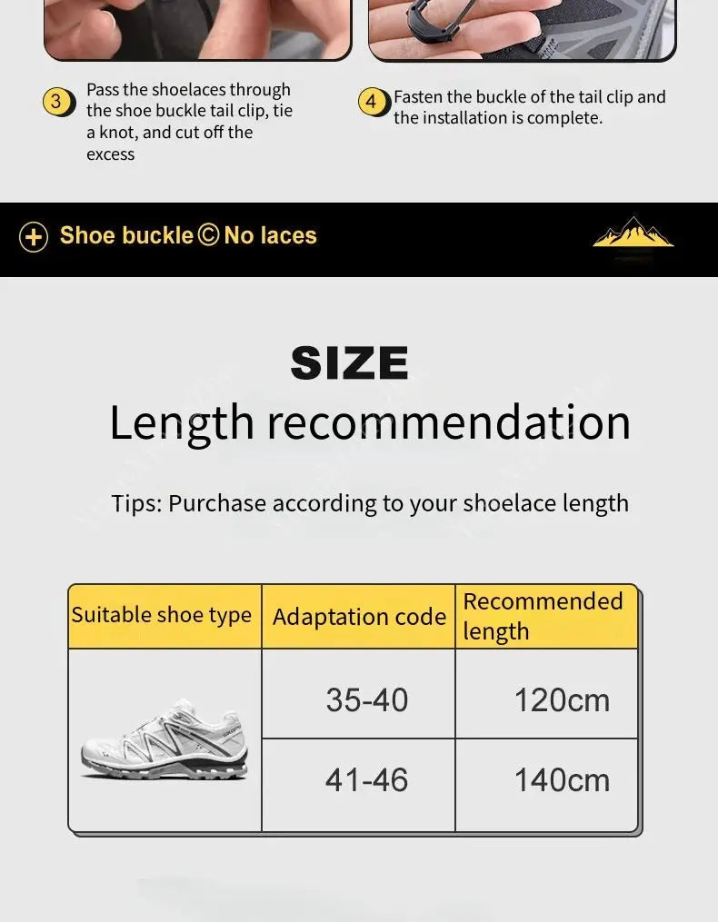 No-tie round sneaker laces by Simples Market; black and white, buckle clip, size guide shows 120cm and 140cm