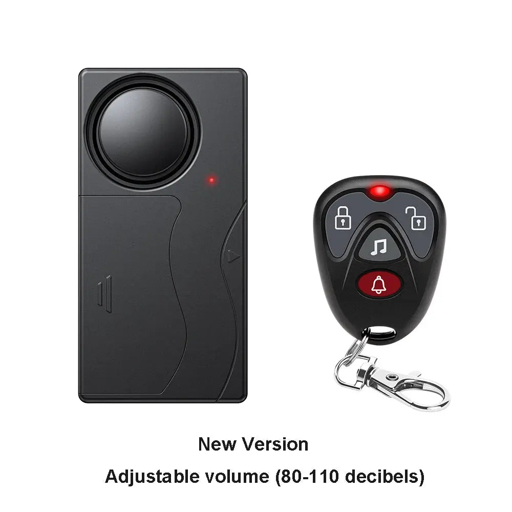 Anchtek 110dB wireless vibration alarm two-piece kit with remote; black main unit and keychain remote