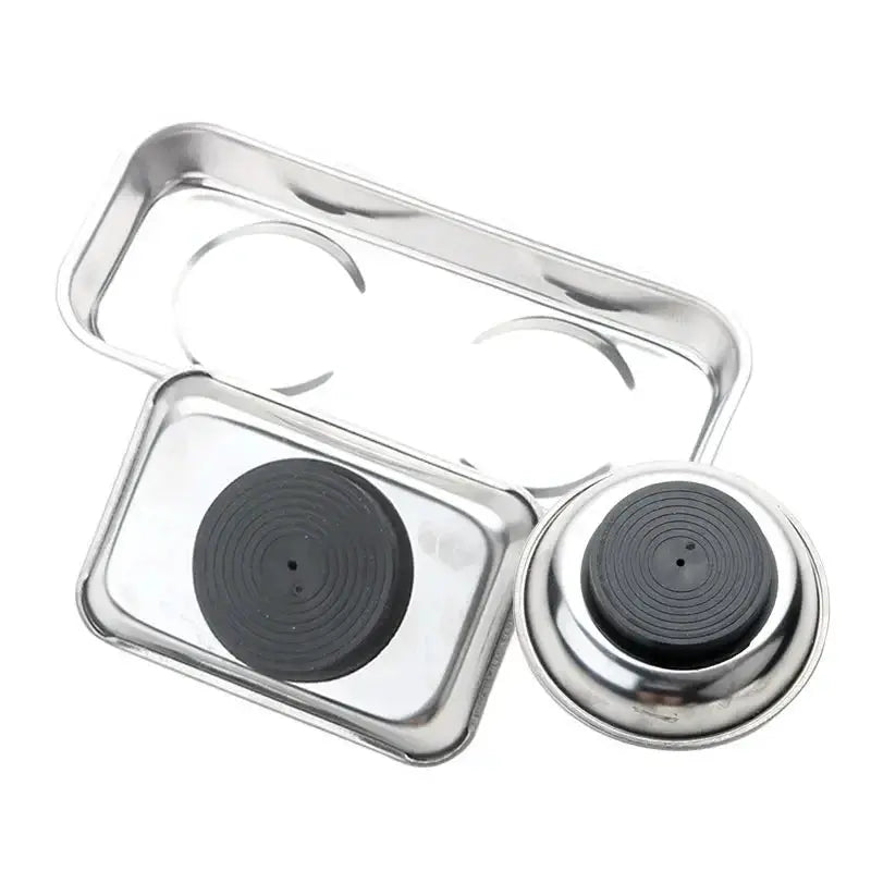 Magnetic stainless steel round bowl and square tray set (2) by Simples Market; black rubber magnet tops.