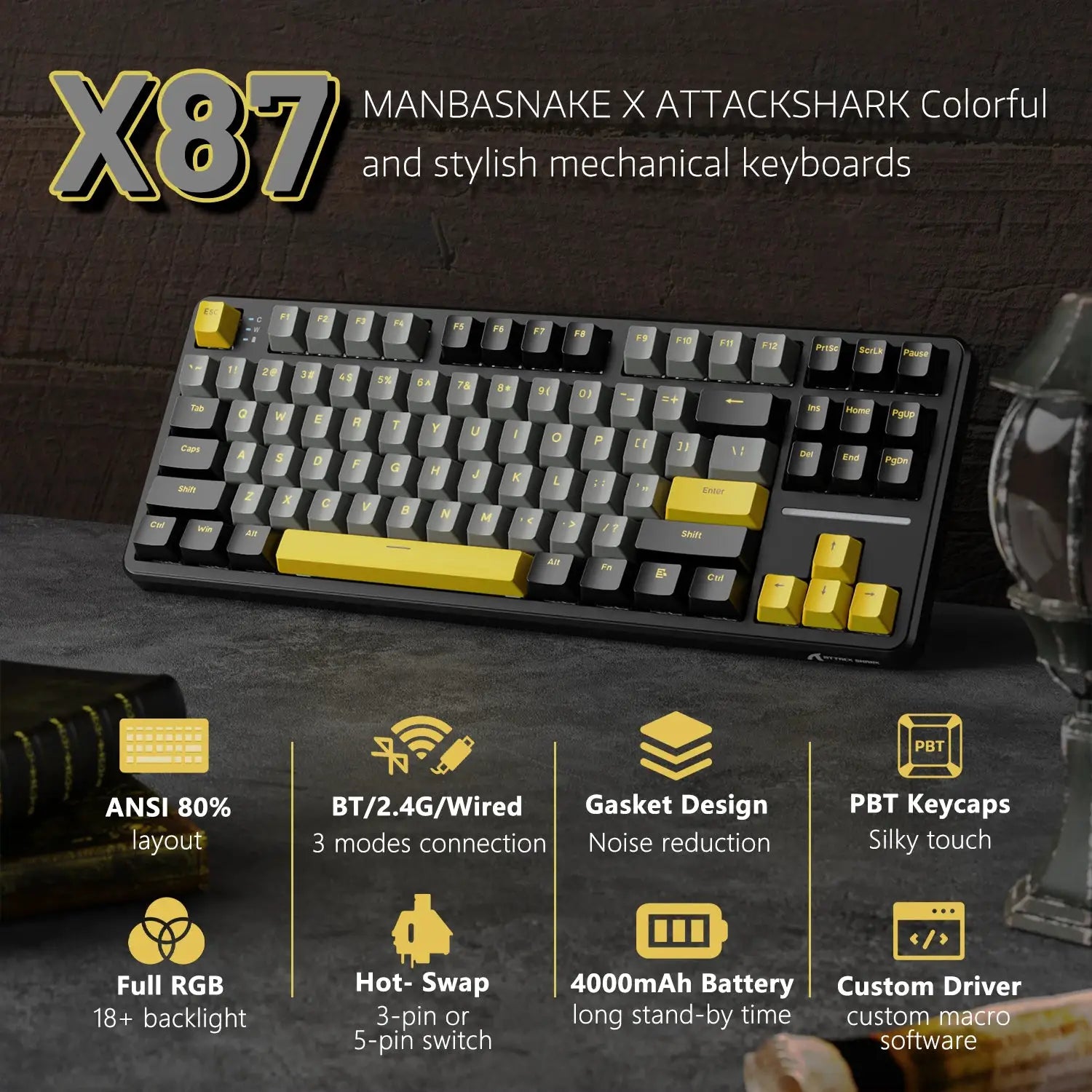 ATTACK SHARK X87 wireless mechanical keyboard by Simples Market; gray and yellow keycaps, gasket hot-swappable