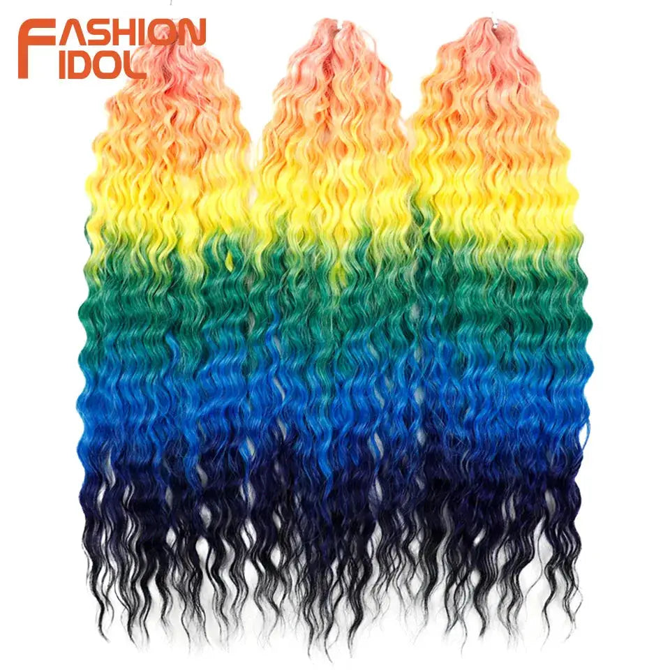 Ariel Curl Water Wave Crochet Hair Extensions, rainbow ombre pink to black, 22 inch, 3-pack, Fashion Idol