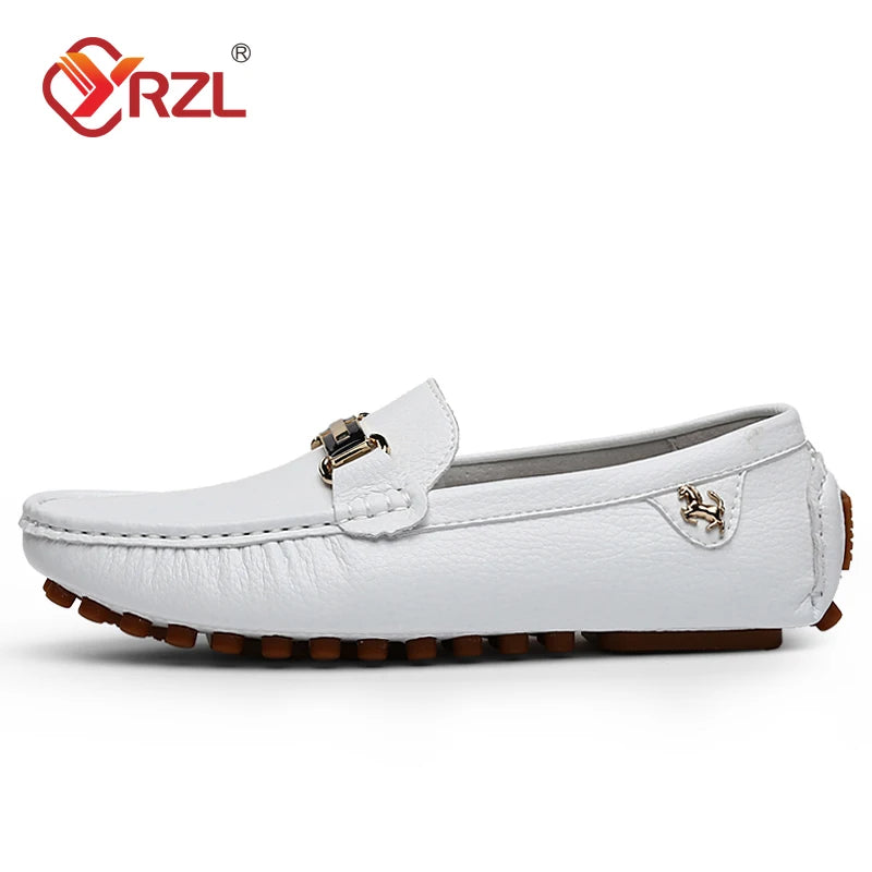 YRZL men's white PU leather loafers with metal bit detail, slip-on driving moccasins
