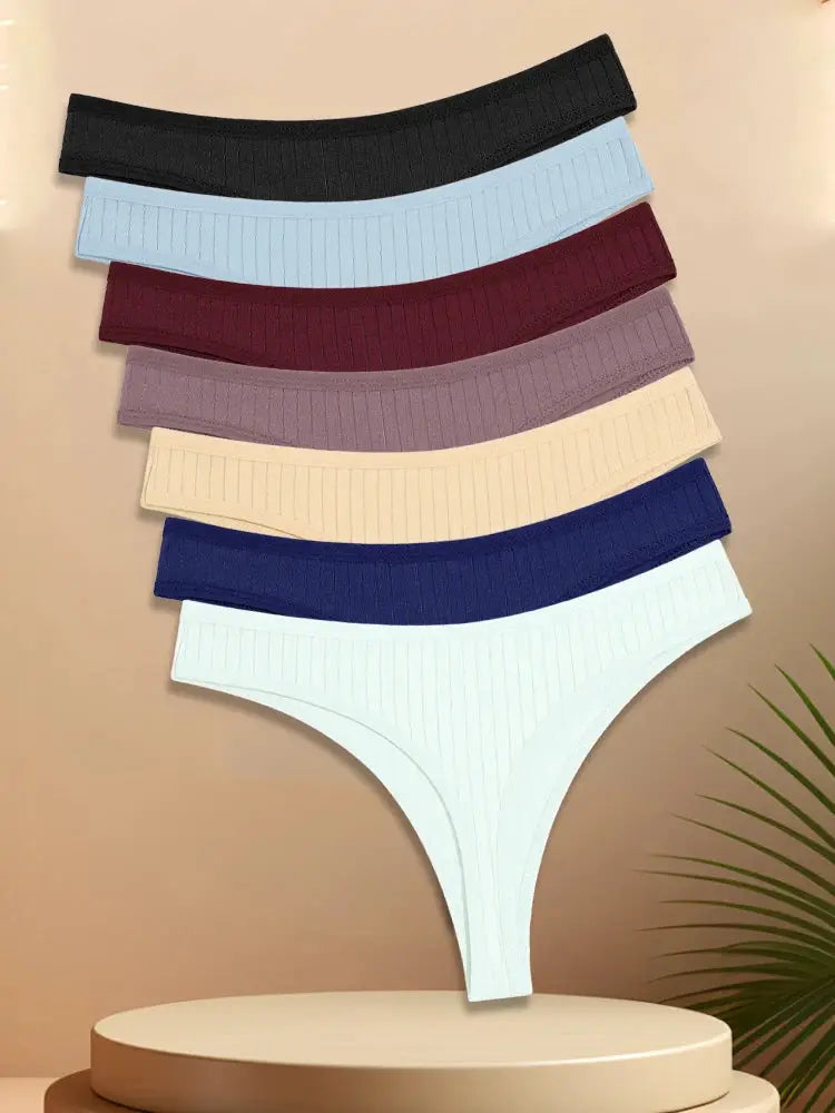 Simples Market 7-pack cotton striped low-rise thongs in assorted colors, breathable T-back