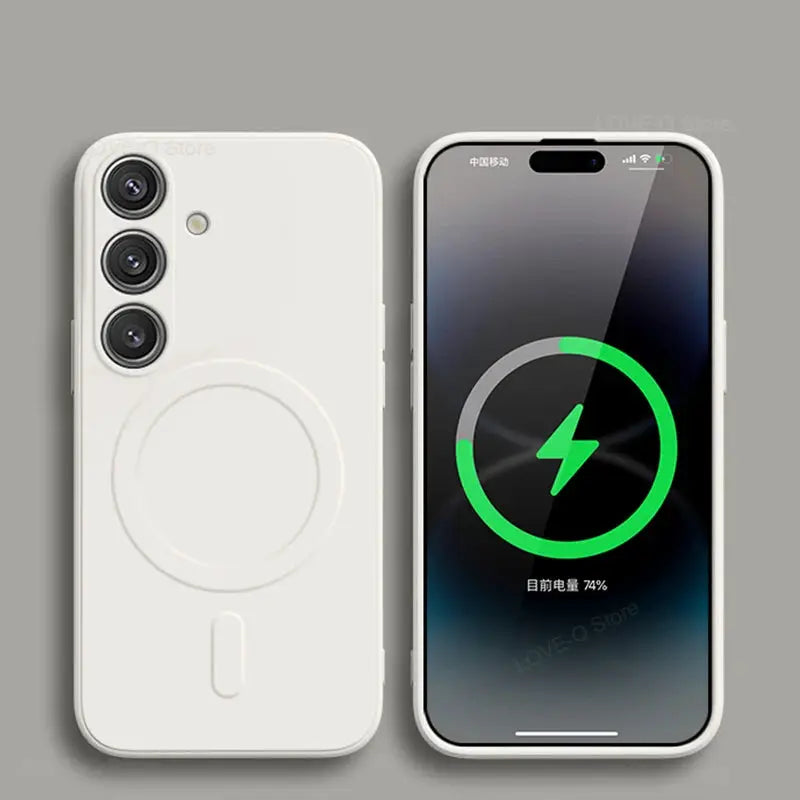 White liquid-silicone MagSafe charging case for Samsung Galaxy S23/S24/S25/S26 Ultra Plus FE; back shows circular ring.