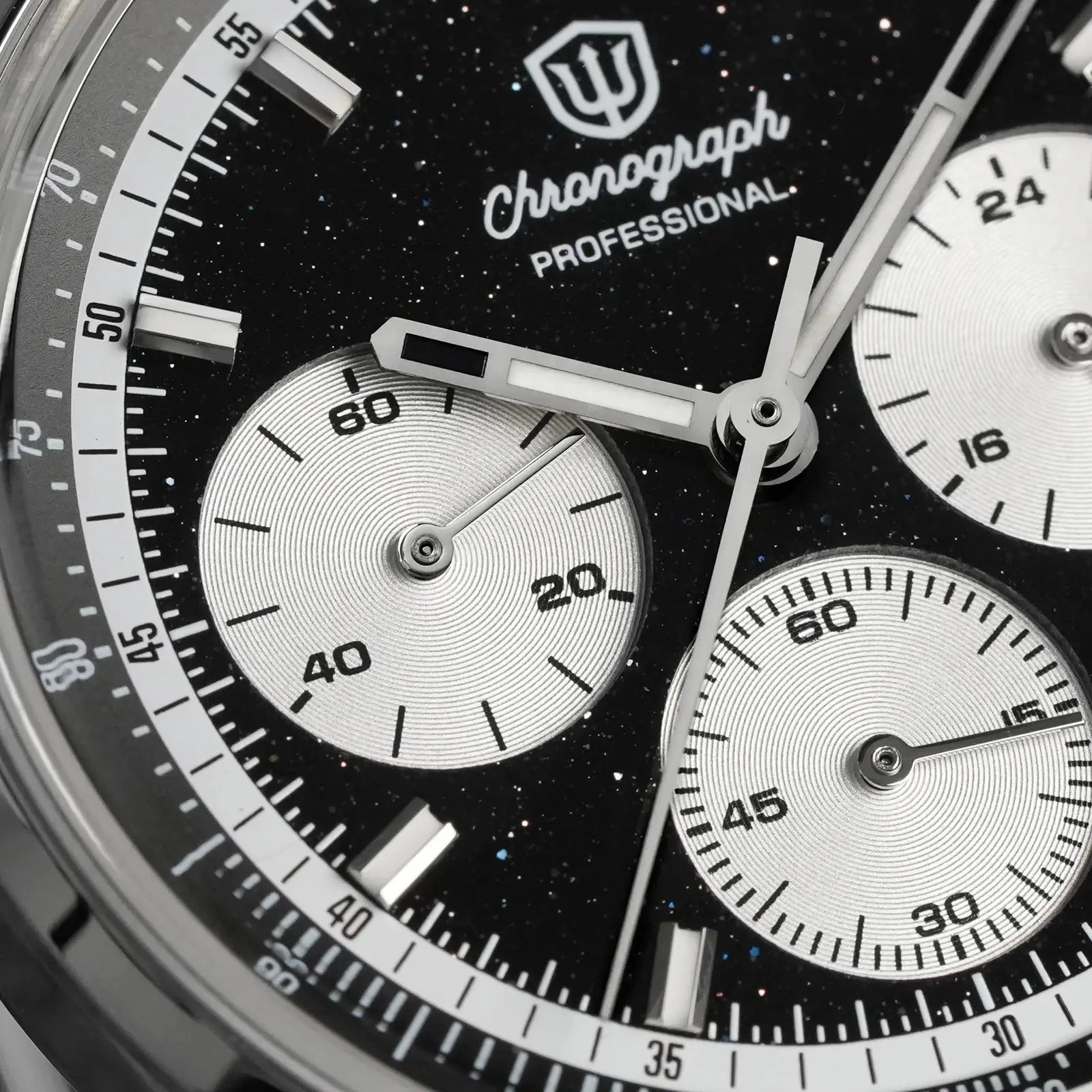 Chronograph watch with black dial, silver subdials, stainless steel case