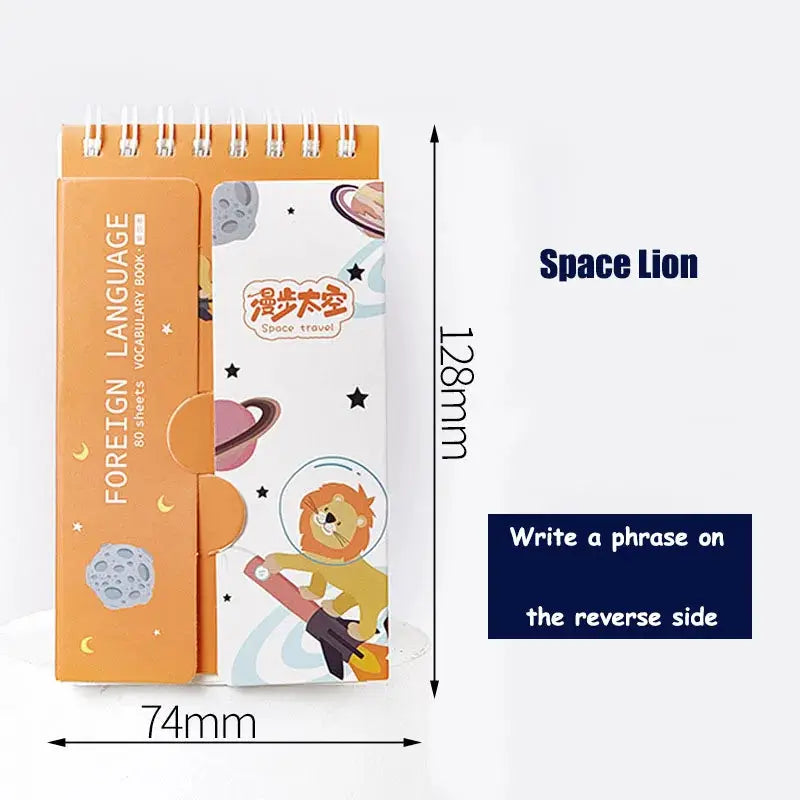Two spiral-bound foreign language vocabulary notebooks, orange cover and space-themed white insert, 128mm by 74mm.