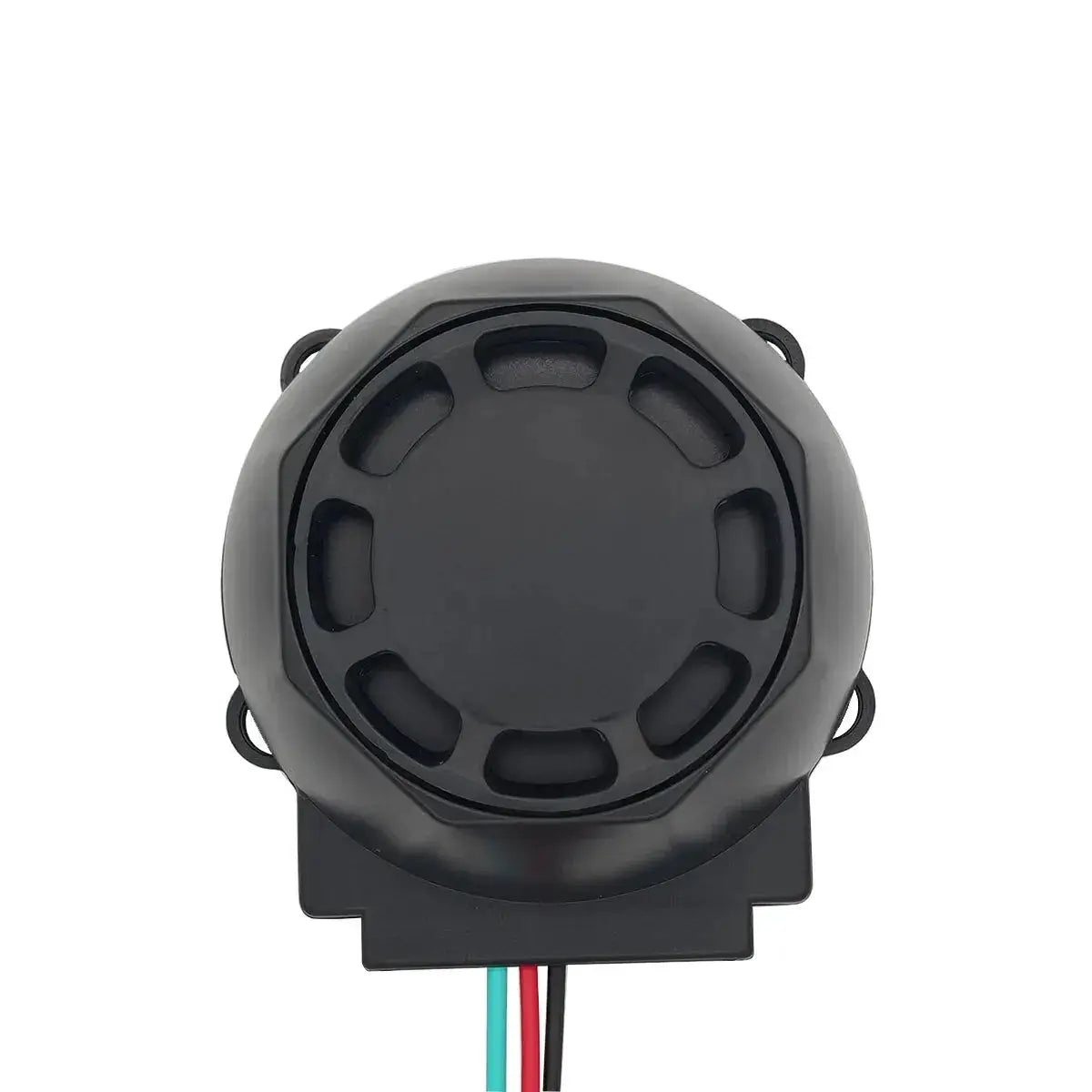 Universal motorcycle anti-theft alarm by Simples Market, black circular module with red, blue and black wires