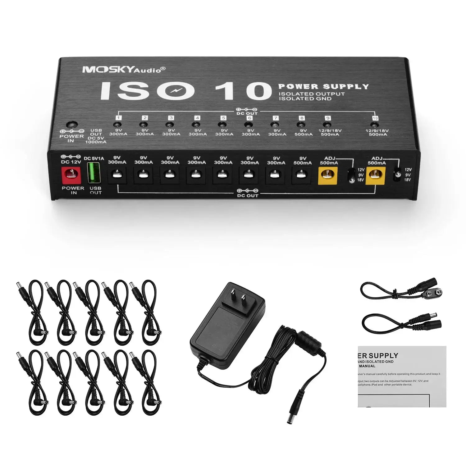 MOSKY ISO-10 Guitar Pedal Power Supply With 10 Isolated DC Outputs And 5V USB For 9V 12V And 18V Pedals