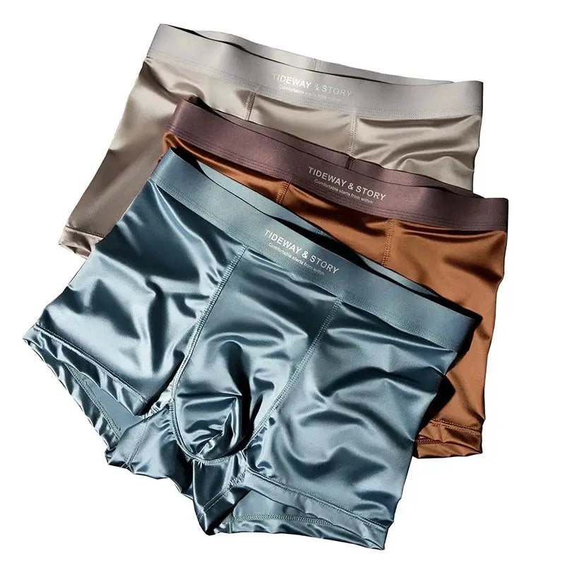 4-pc men's ice-silk satin boxer briefs with Tideway & Story waistband in beige, copper, brown and blue