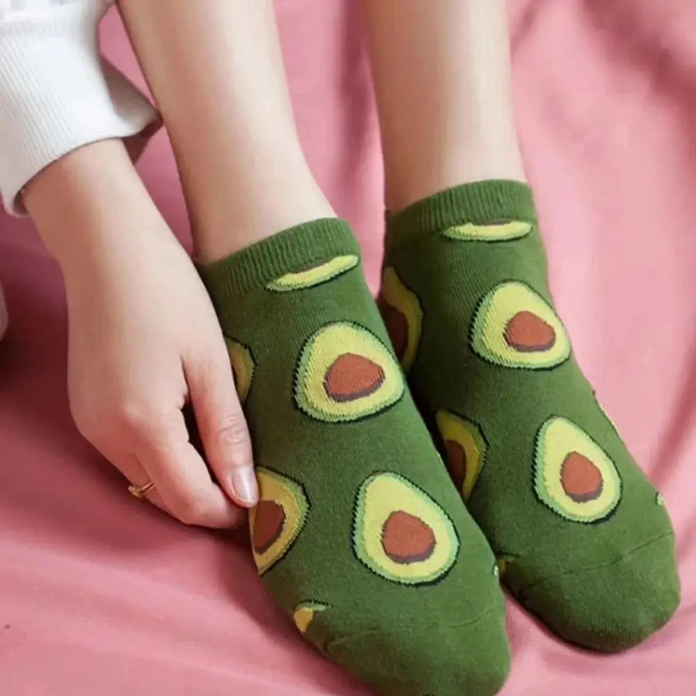 5 Pairs Avocado Crew Ankle Socks for Women Breathable Thin Knit Cartoon Fresh Kawaii Fashion