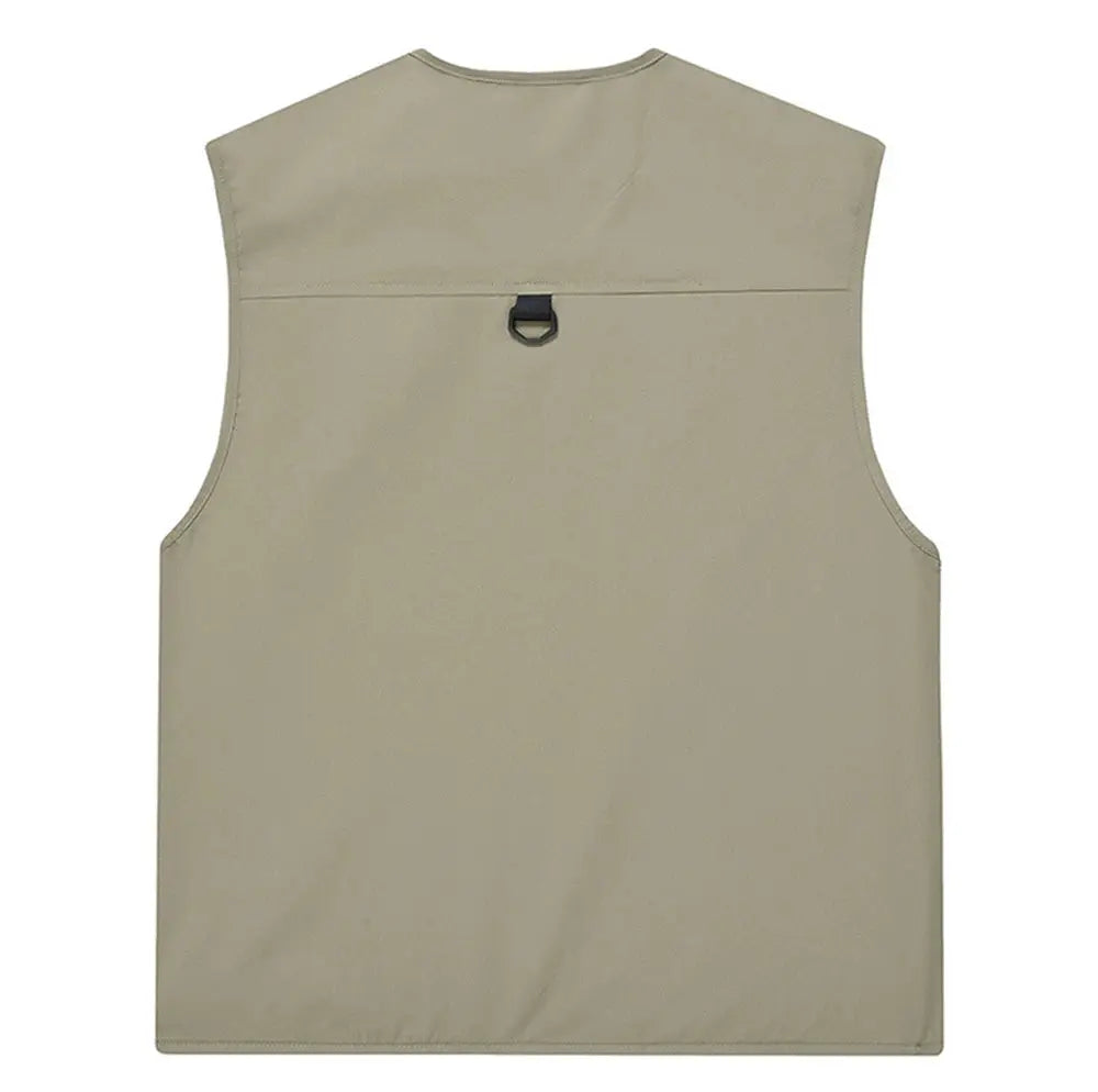Beige men's vest with back strap and metal D-ring detail
