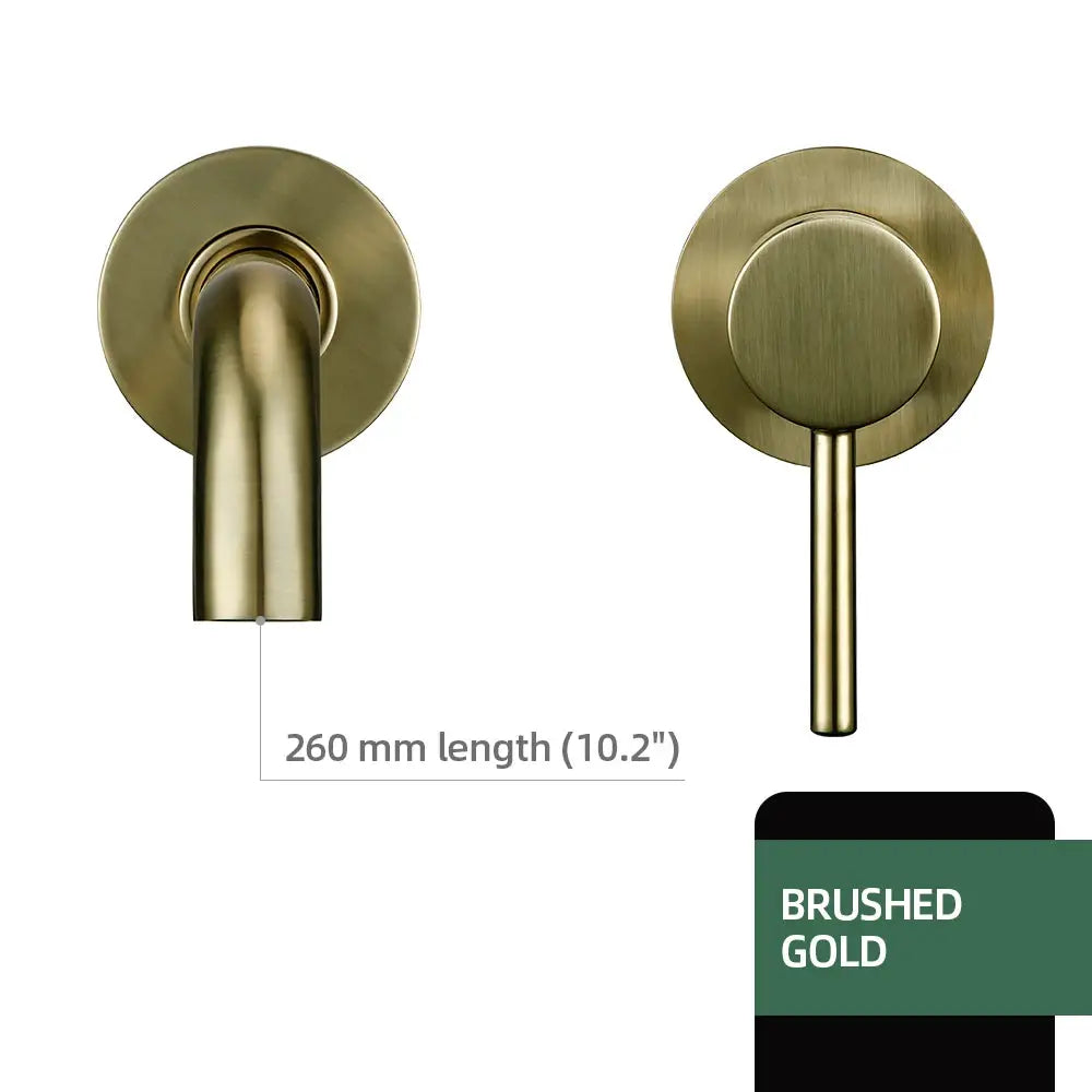 2-piece wall-mounted brushed gold brass basin faucet set with single-handle lever (hot/cold)