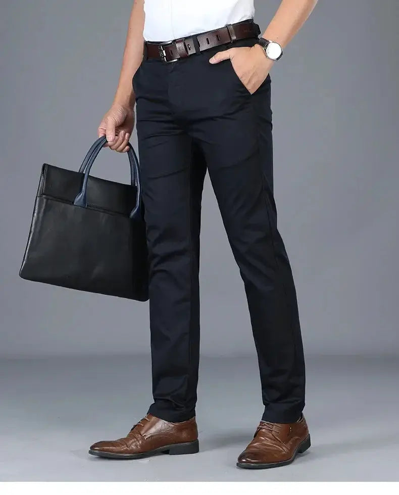 Men's black straight-stretch business casual pants for office wear