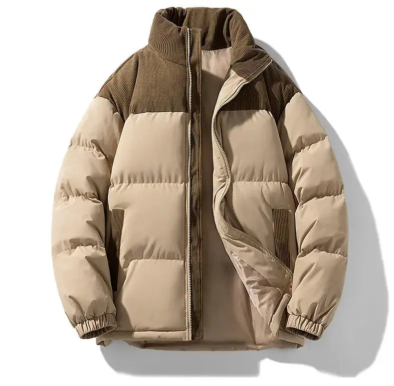 Men's color-block beige and brown puffer jacket with high collar and zip front