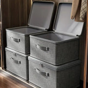Multifunctional foldable storage boxes with cloth covers, gray fabric; Simples Market set of 4 with lids.