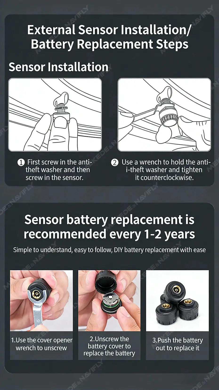 Navifly TPMS sensor installation and battery replacement guide with two diagrams and three battery steps