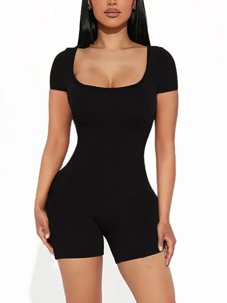 Women's black polyester jumpsuit with U-neck and short sleeves, one-piece fitness wear