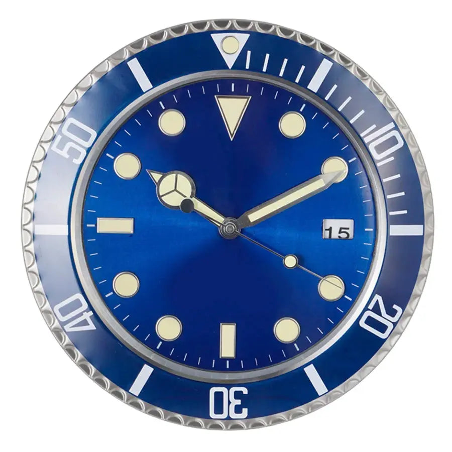 34cm luxury wall clock by Simples Market, blue dial with luminescent markers and metal bezel