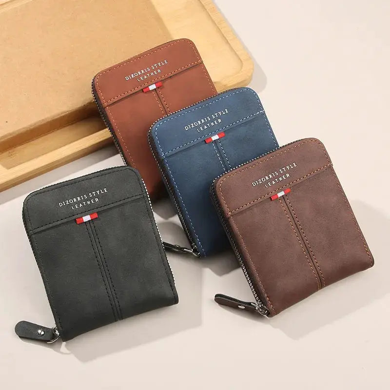 Men's leather zipper wallet, threefold design, four colors (black, brown, blue, tan) with DIZORIS STYLE LEATHER branding