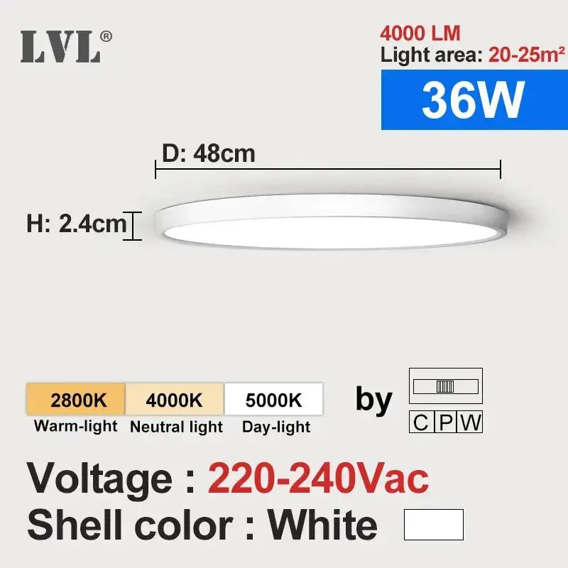 LVL LED ceiling light by Simples Market; white round flush lamp with wood-grain edge, 36W, 220-240VAC, 2800–5000K