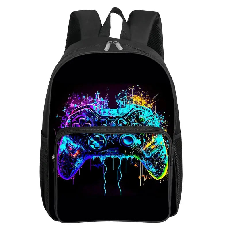 Backpack with neon gamepad pattern on the front pocket; black kids' school bag.