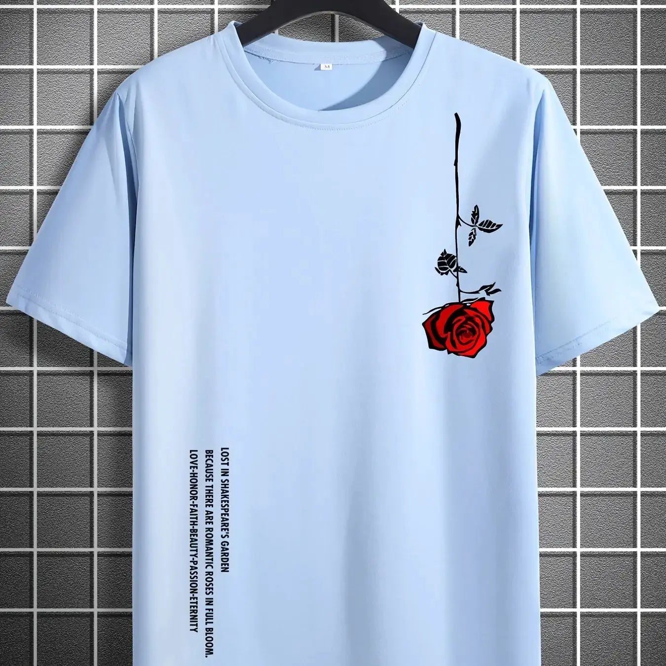 Men's 100 Percent Cotton Rose Print T Shirt Summer Casual Slim Fit Round Neck Short Sleeve Top