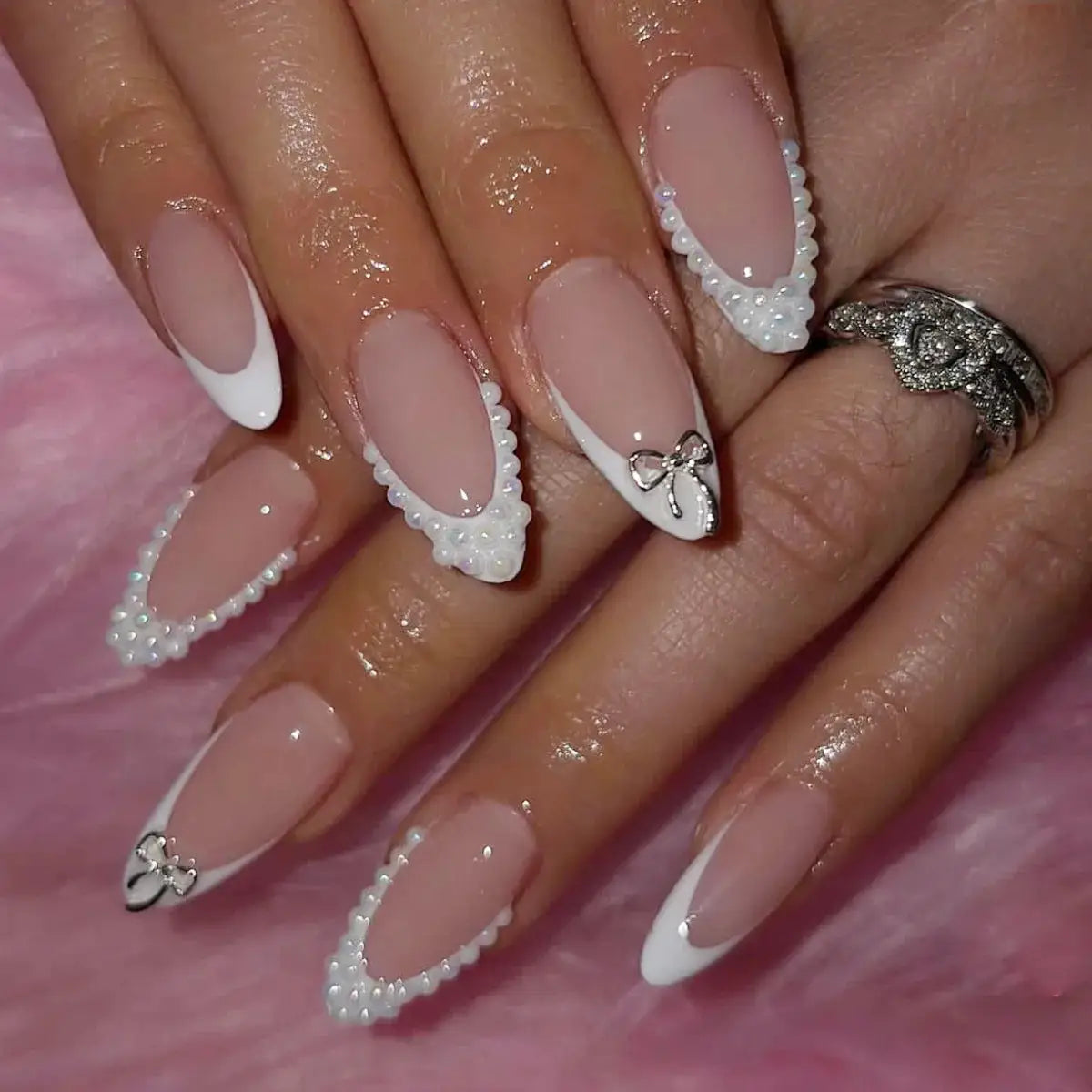 LuxeNail White French Press On Nails 3D Bowknot Full Cover Tips Durable 24Pcs DIY Manicure Set