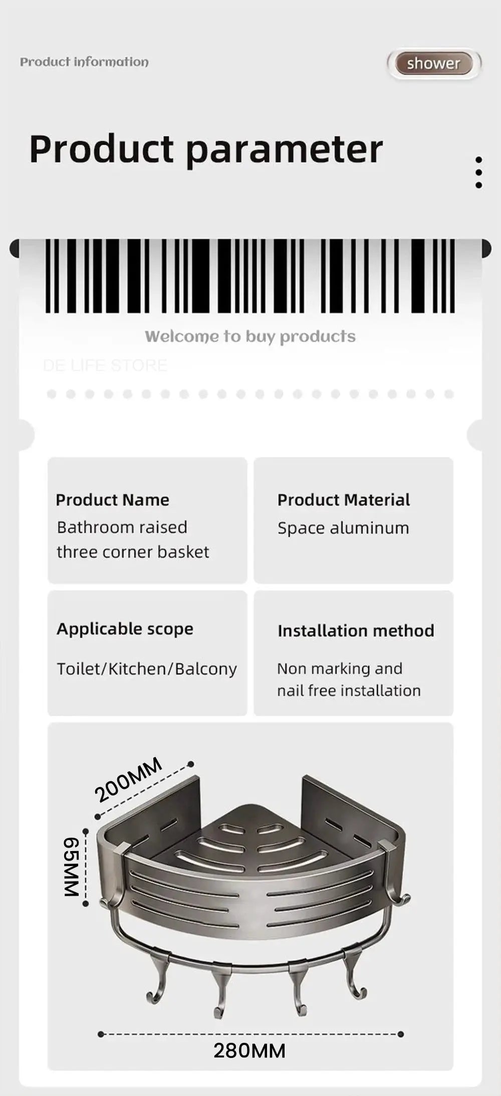 Bathroom corner shelf with plastic hook towel bar and five hooks, space aluminum, 280mm x 200mm, Simples Market